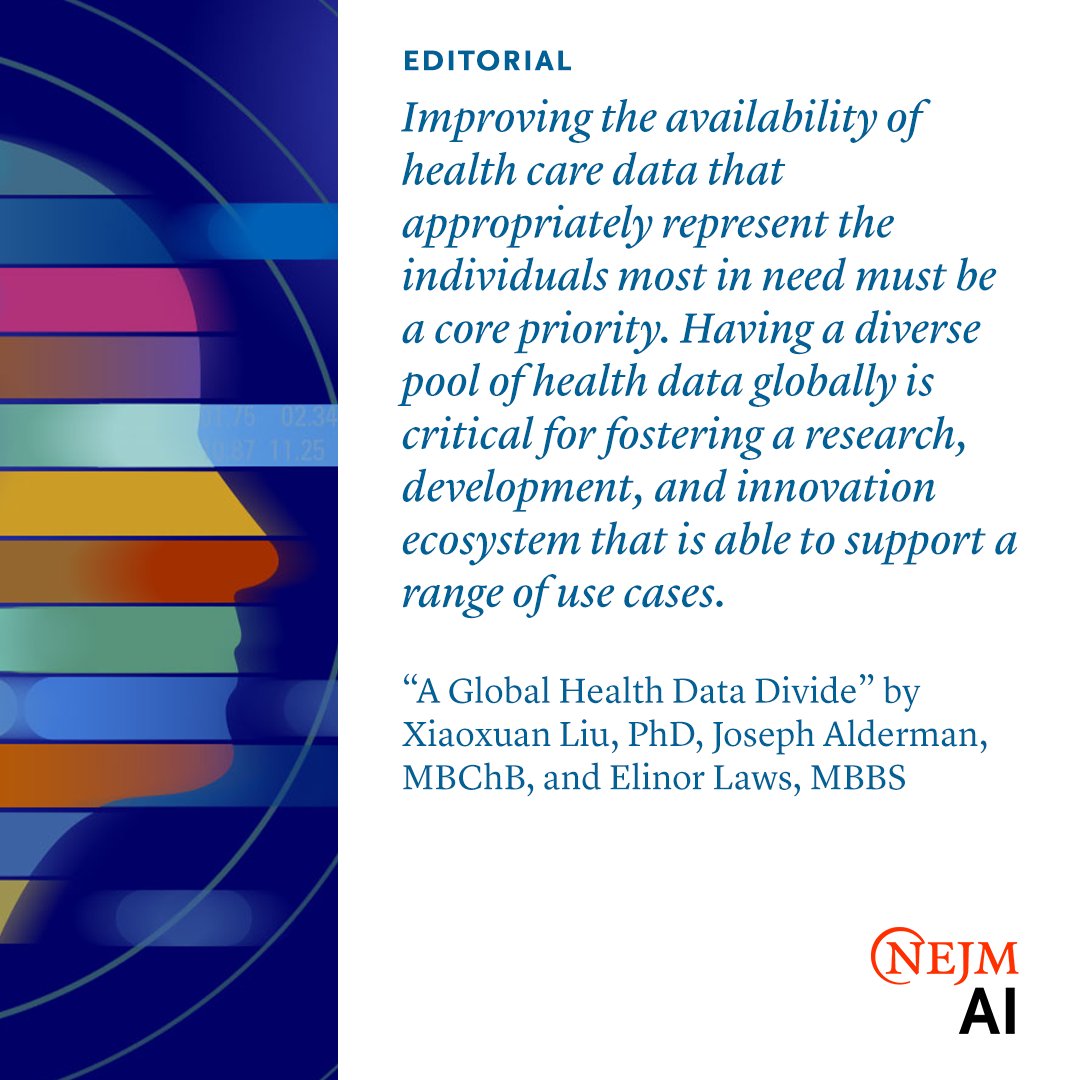 NEJM AI (@nejm_ai) on Twitter photo Improving the availability of data representing the biggest health needs must be a core priority for fostering a research, development, and innovation ecosystem. Learn more in an editorial by <a href="/DrXiaoLiu/">Xiao Liu</a>, <a href="/jaldmn/">Joe Alderman</a>, and <a href="/dr_laws/">Dr Elinor Laws</a>: nejm.ai/3VcPcBp Improving the availability of data representing the biggest health needs must be a core priority for fostering a research, development, and innovation ecosystem. Learn more in an editorial by <a href="/DrXiaoLiu/">Xiao Liu</a>, <a href="/jaldmn/">Joe Alderman</a>, and <a href="/dr_laws/">Dr Elinor Laws</a>: nejm.ai/3VcPcBp