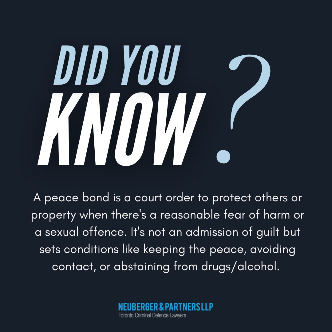 NeubergerLaw's tweet image. Did you know this? 

Peace bonds can last up to a year and can be issued under s. 810 of the Canadian Criminal Code or common law jurisdiction. 

Peace bonds won't give you a criminal record but may have a notation on the CPIC system. 

#PeaceBond #CanadianLaw #KnowYourRights