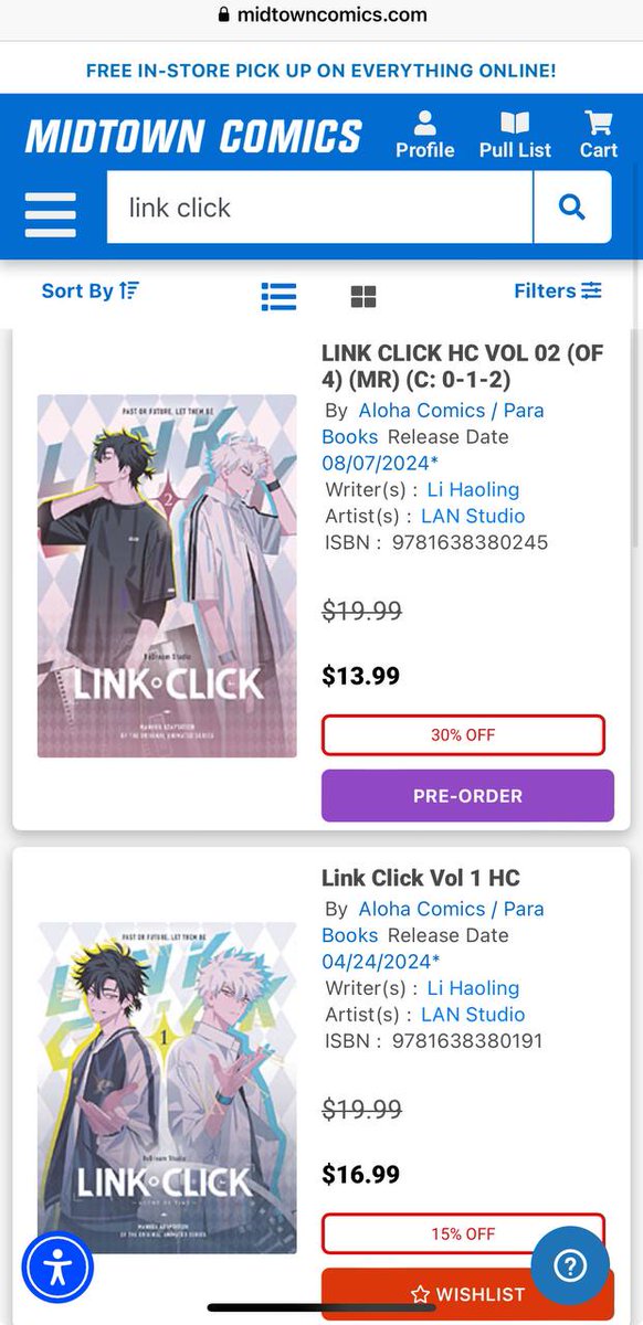 Great news! Preorder of the 2nd volume of Link Click manhua is now open on @midtowncomics website, and it’s 30% off!
midtowncomics.com/search?rel=&cf…

Can't wait to find out what's going to be Cheng Xiaoshi, Lu Guang and Qiao Ling's next mission!

#linkclick #manhua #bl #alohacomics
