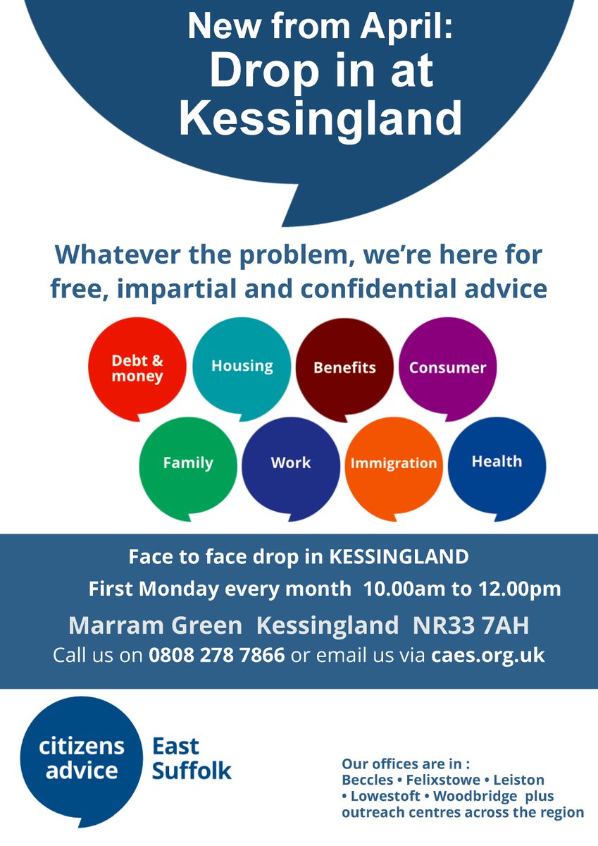 🚨REMINDER🚨

Our next Kessingland Drop-In session will be held next Monday on 3rd June. 

Come find us at Marram Green, Kessingland, NR33 7AH between 10am-12noon for free, impartial and confidential advice.