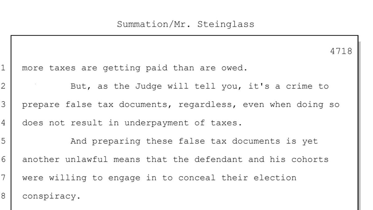 here's the part of the prosecution's closing argument where they admit Trump would've paid more taxes b/c of his 'improper accounting' but they argued this is still tax fraud, even though he *overpaid*. and that elevates the 'business records' case to a felony! 'IT'S A CRIME