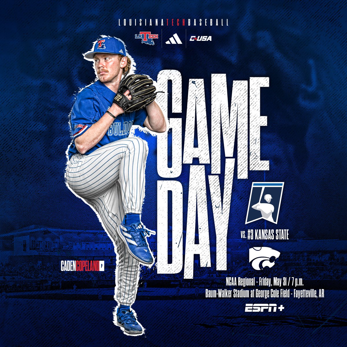 IT'S GAMEDAY!! 🆚- #3 @KStateBSB 🕕- 7 p.m. 📍- Baum Walker Stadium 📊- LATechSports.com/Stats 📻- Sportstalk 97.7 FM | LA Tech Athletics app 📺- espn.com/watch/player/_…