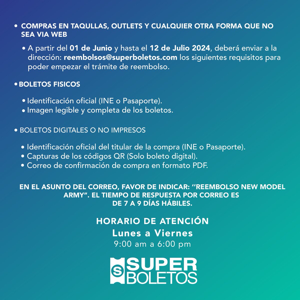 🚨 COMUNICADO 🚨 Al público en general y a los medios de comunicación, les informamos que el evento “New Model Army” en la Ciudad de México, será cancelado por causas de fuerza mayor. Conoce más detalles a continuación👇🏻