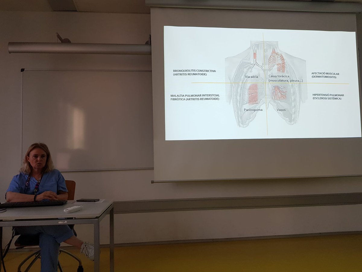 ReuHMar's tweet photo. La Dra. Eva Balcells, del servicio de pneumología nos habla de pruebas funcionales respiratorias 🫁 

- Bronquiolitis constrictiva ( AR)
- Enfermedad pulmonar intersticial fibrótica (AR)
- Afectación muscular ( Dermatomiositis)
-  Hipertensión pulmonar ( Esclerosis sistémica) https://t.co/q6YPxoK2y1