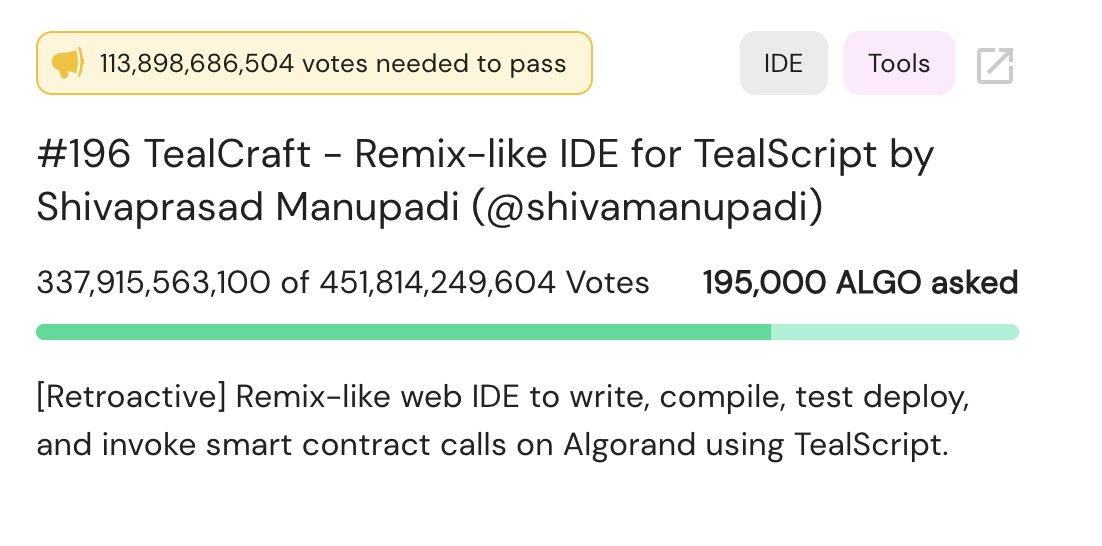 Hello XGov's,

Just 3 more days left to vote for the current Xgov session.

One last attempt to get some support for @tealcraft 

You can try the app here and vote to support it.
tealcraft.org