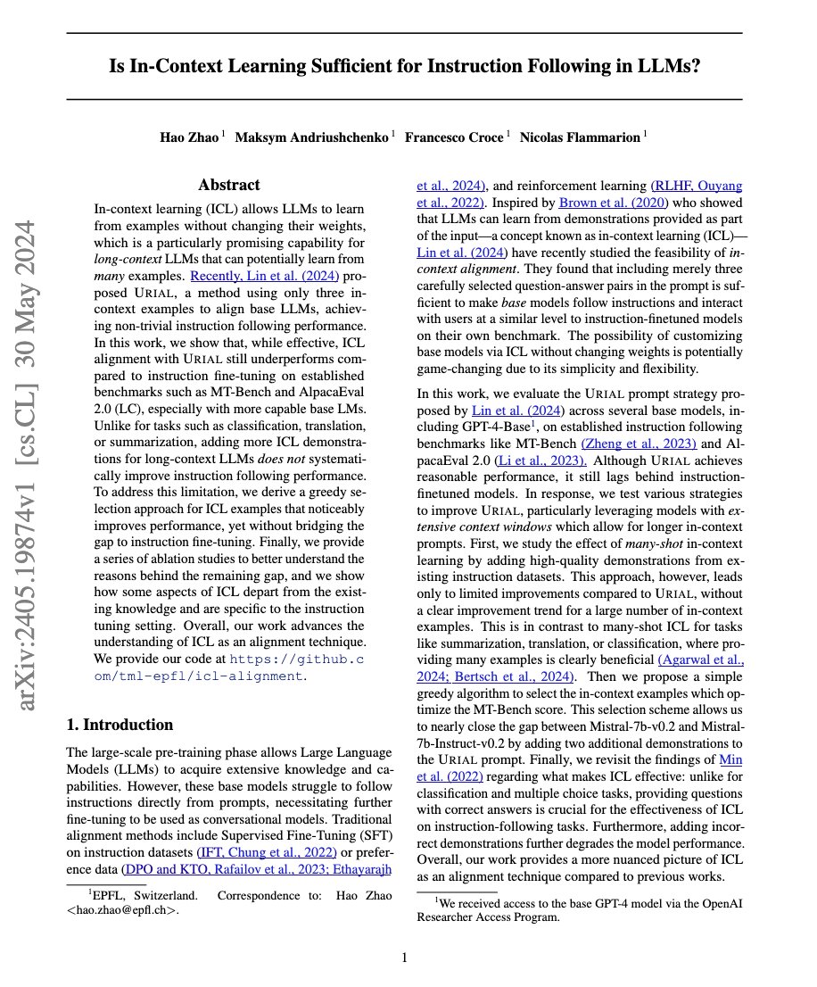 🚨Is In-Context Learning Sufficient for Instruction Following in LLMs?🚨

In our new work, we study alignment of base models, including GPT-4-Base (!), via many-shot in-context learning. I.e., no fine-tuning whatsoever, just prompting - how far can we go?

Many people are