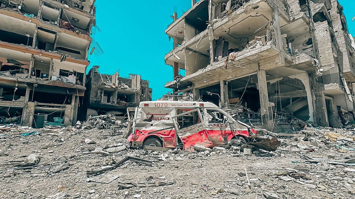 The wreckage of a Palestine Red Crescent ambulance in Jabalia, northern Gaza, following the withdrawal of the Israeli occupation army from the camp yesterday.
#AlleyesonRafah