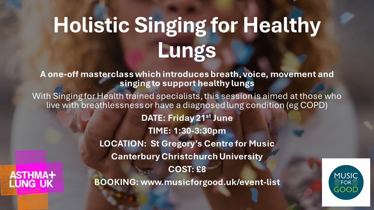 I’m delighted to be offering a one-off masterclass on singing for healthy lungs in Canterbury. Thanks to <a href="/SoniaPriceCCCU/">Sonia Price</a> for supporting!
Please share 🎶
musicforgood.uk/event-details/…