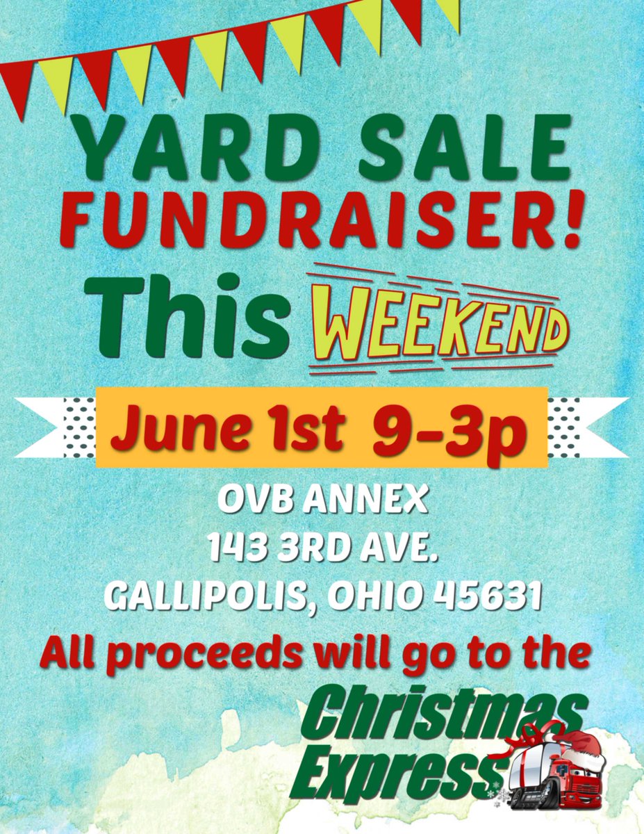 Our Christmas Express team is hosting a yard sale tomorrow from 9 a.m.-3 p.m. at the OVB Annex. All proceeds will go toward the OVB Christmas Express, which provides gifts to local children in need each holiday season. #CommunityFirst