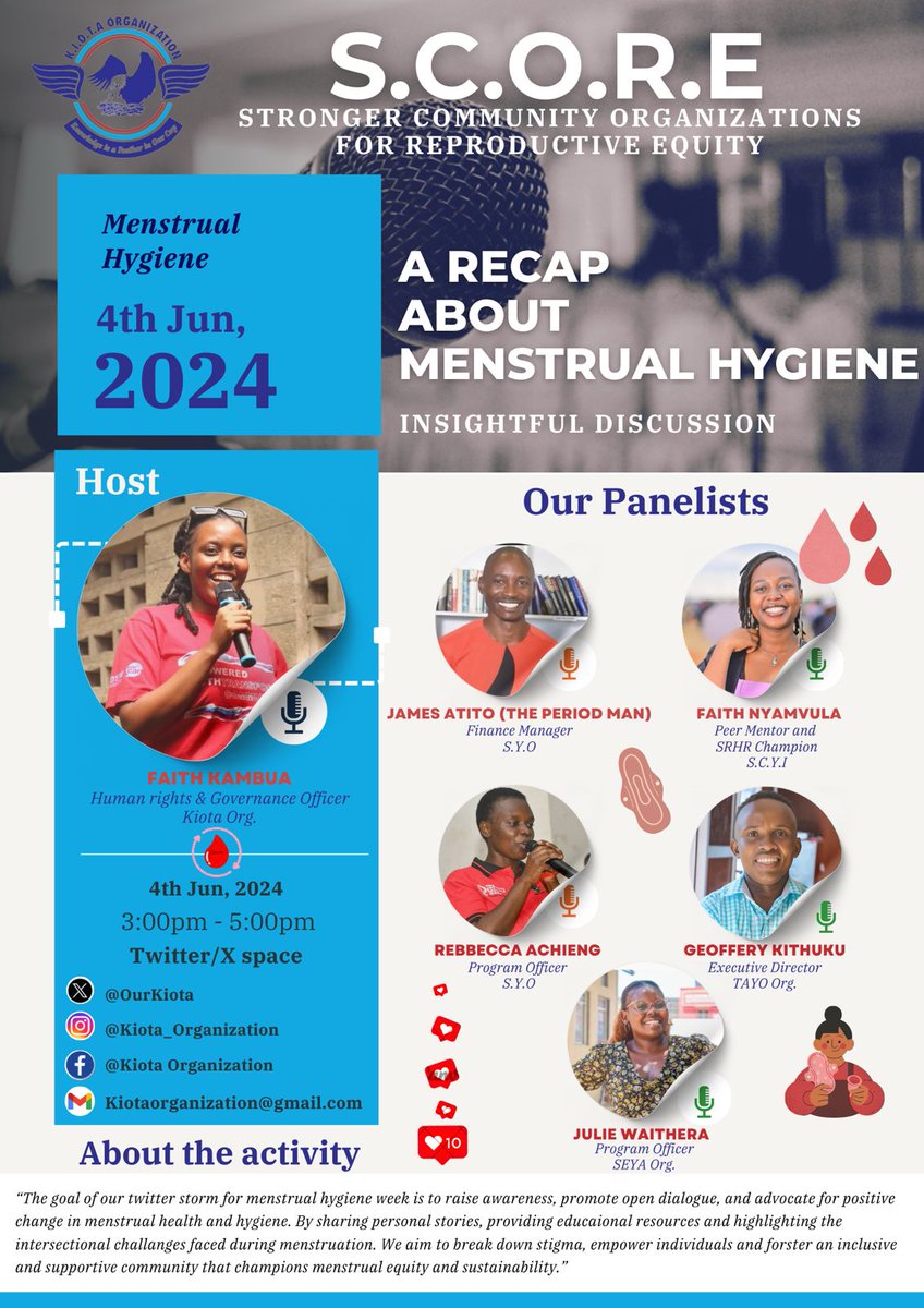 Join Kiota Organization's Twitter Space on Menstrual Hygiene at 3 PM, Tuesday, June 4, 2024. Let's educate and raise awareness, combat myths, and promote the health and well-being of young girls.