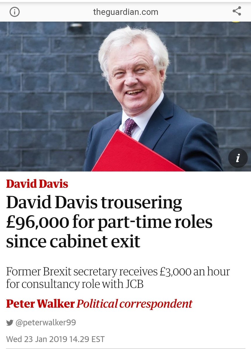Johnson was paid £2,291 an hour by the offshore Farageist Brexiter owners of the Telegraph. Ex-minister David Davis was paid £3,000 an hour by JCB owned by Brexiter Lord Bamford. Who do they work for, us or their super-rich paymasters? Lucrative 2nd jobs must be made illegal.