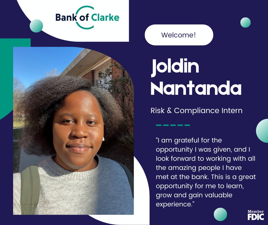 We have partnered with the Virginia Bankers Association for the second year to host 3 interns for the summer! We want to welcome our first intern, Joldin Nantanda, who is our Risk and Compliance intern. She is a rising senior at Shenandoah University pursuing a business degree.