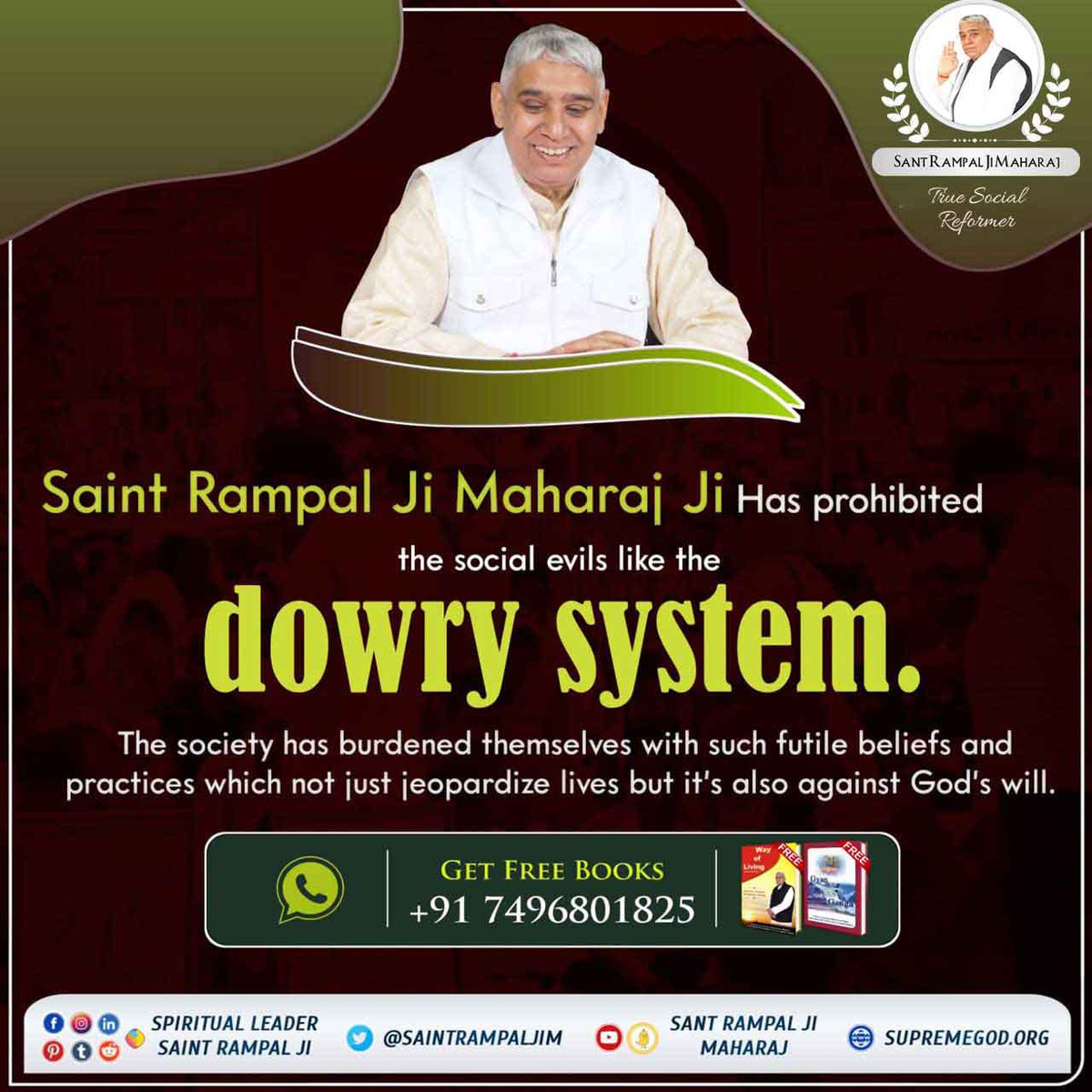 Saint Rampal Ji Maharaj Ji
Has prohibited
the social evils like the 
dowry system.
The society has burdened themselves with such futile beliefs and
practices which not just jeopardize lives but it's also against God's will.
#GodNightFriday