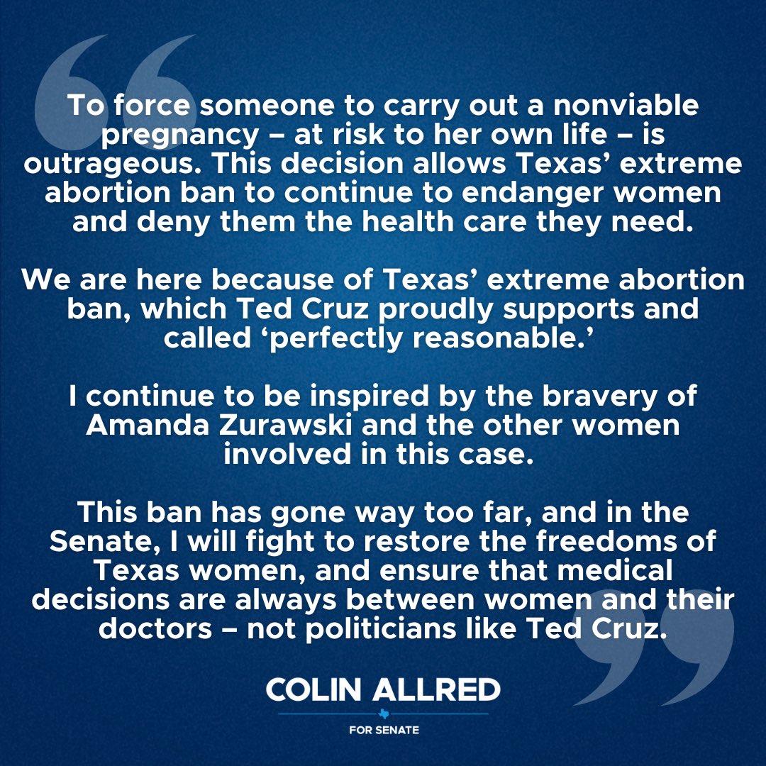 This ruling by the Texas Supreme Court allows Texas’ extreme abortion ban to continue to endanger women and deny them the health care they need. Medical decisions should always be between women and their doctors – not judges or politicians like Ted Cruz. My statement: