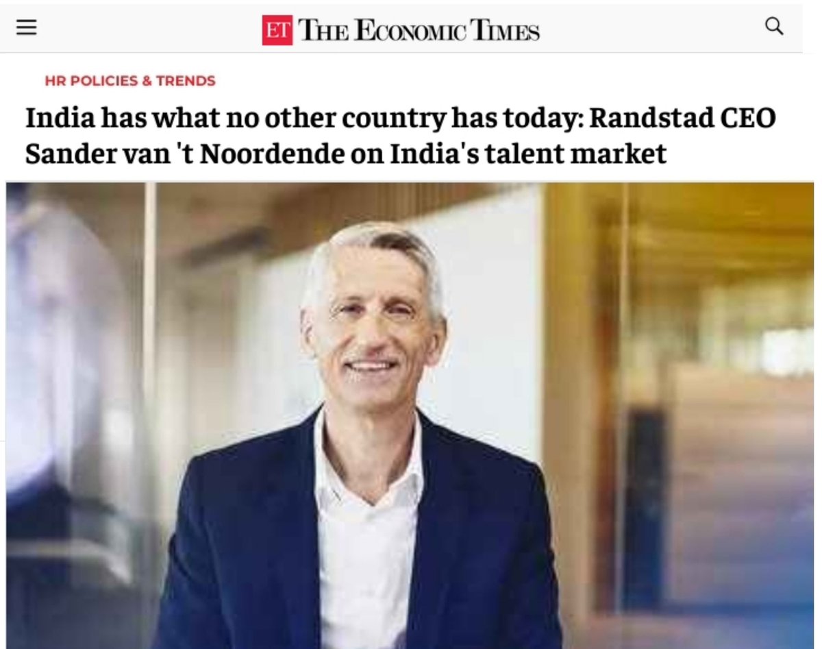 RajeshwarS73's tweet photo. “What India has, no other country has today. A great market, an abundance of talent, limitless potential - India has everything from both a market and a talent perspective.”

— Sander van 't Noordende, CEO of Randstad praises India

https://t.co/AVjYUiqI44 https://t.co/kNCSnj7BNH
