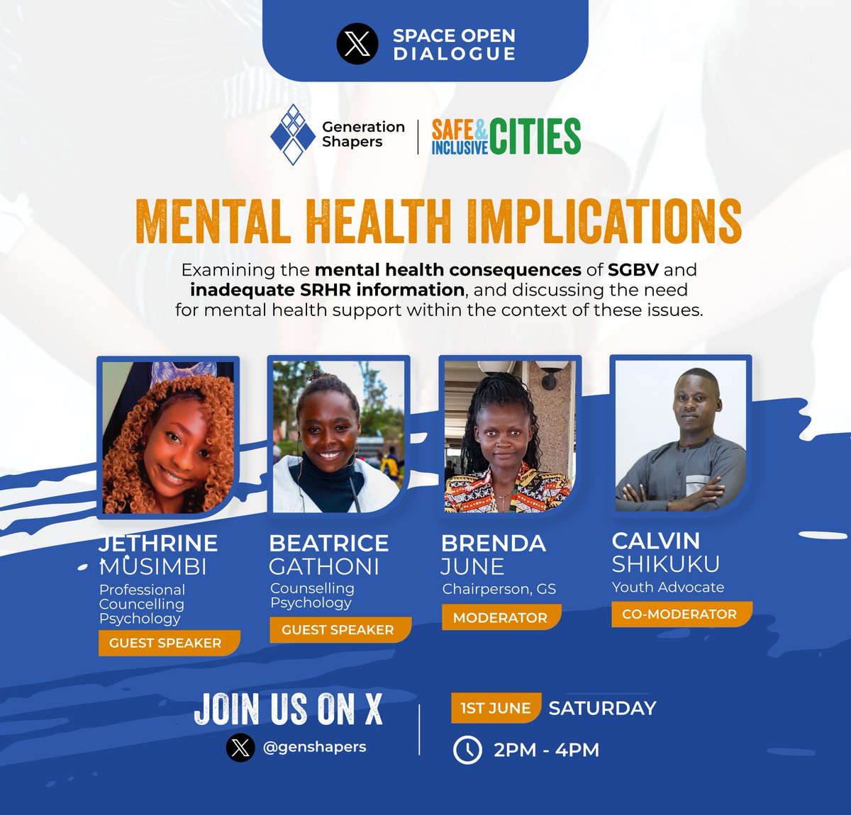 Hello good people, join us tomorrow from 2 PM as we embark on an open dialogue. Karibu.
#WeAreGenerationShapers #SRHR 
@planKenya
<a href="/MSF_EastAfrica/">MSF East Africa</a>
<a href="/NAYAKenya/">NAYA Kenya</a>
<a href="/hope2shine/">SHOFCO</a>
<a href="/FoundationGf/">GhettoFoundationkenya.</a>