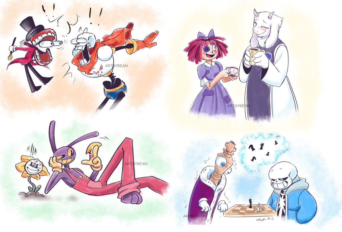 was gonna do all of them but then I remembered not to torture myself lol
[ TADC Caine, Ragatha, Jax, Kinger,
Undertale Papyrus, Flowey, Toriel, Sans ]