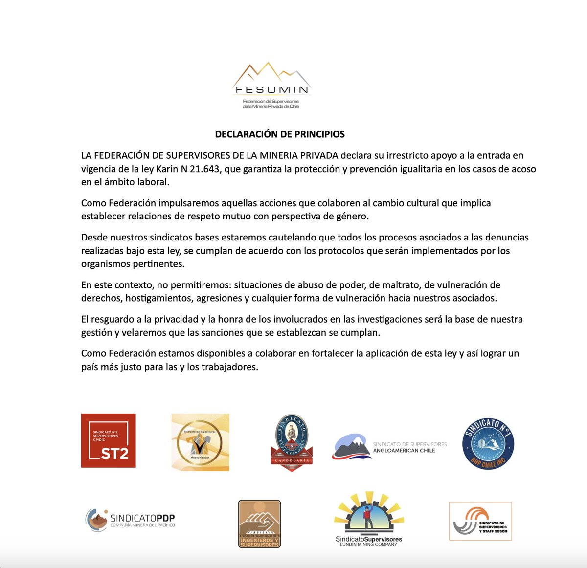 FESUMINchile's tweet photo. Fesumin realiza Declaración de Principios respecto a Ley Karin. 
La noticia completa en --> https://t.co/PmSB7zeB6j https://t.co/piIvh7HSll