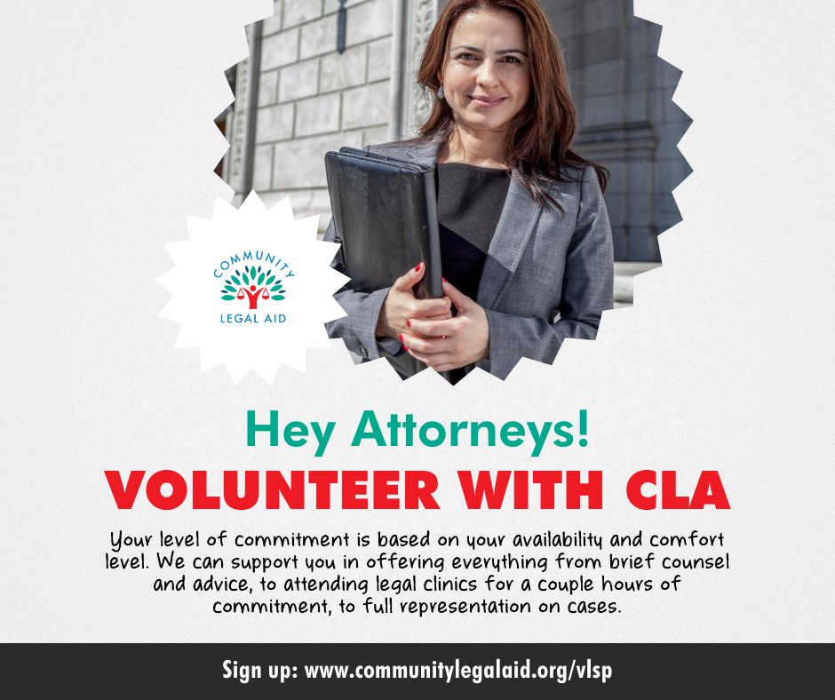 Did you know 80% of civil legal needs for low-income Americans go unmet each year? Join the fight for equal access to justice by #VolunteeringWithCLA

Become a #VolunteerAttorney and use your skills to uplift our community. 💪

Learn more communitylegalaid.org/vlsp