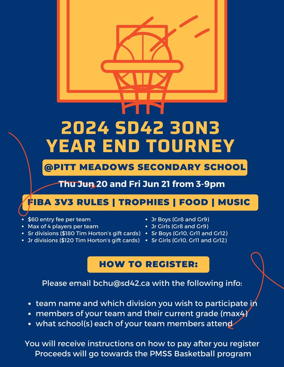Pitt Meadows is hosting a 3x3 tournament Thu Jun 20 and Fri Jun 21. Sr boys and girls divisions. $60 per team. $180 Timmy's gift card up for grabs. Email bchu@sd42.ca to register <a href="/bcboysbball/">bcboysbball</a>