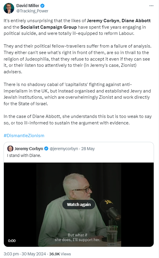 "Organised Jewry" is how Oswald Mosley described the targets of his fascist antisemitism. David Miller seems to have forgotten that he's supposed to stick to calling them "Zionists".
