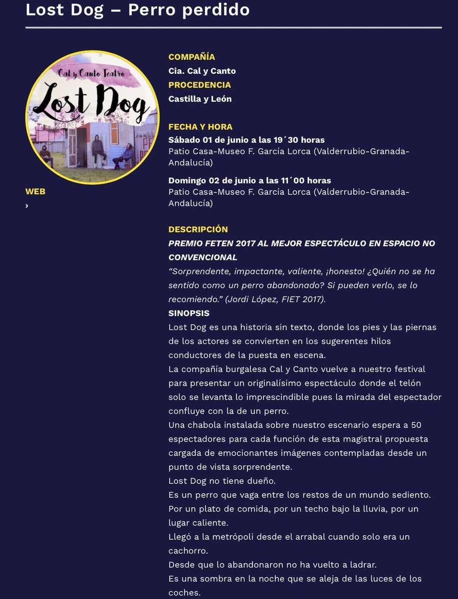 Este fin de semana #calycantoteatro presenta #LOSTDOG...PERROPERDIDO en el Festival El Rinconcillo de Cristobica ¡Os esperamos para aullar! En <a href="/casa/">casa</a>