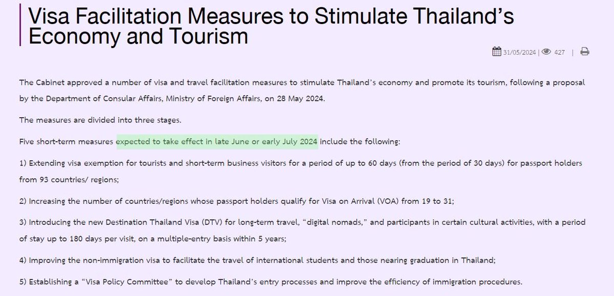 ⚠️ Une mise à jour sur le site Web du PRD annonce que les nouvelles mesures pour accroître le nombre de touristes en Thaïlande, y compris l'extension de l'exemption de visa à 60 jours, devraient être mises en place fin juin ou début juillet 2024