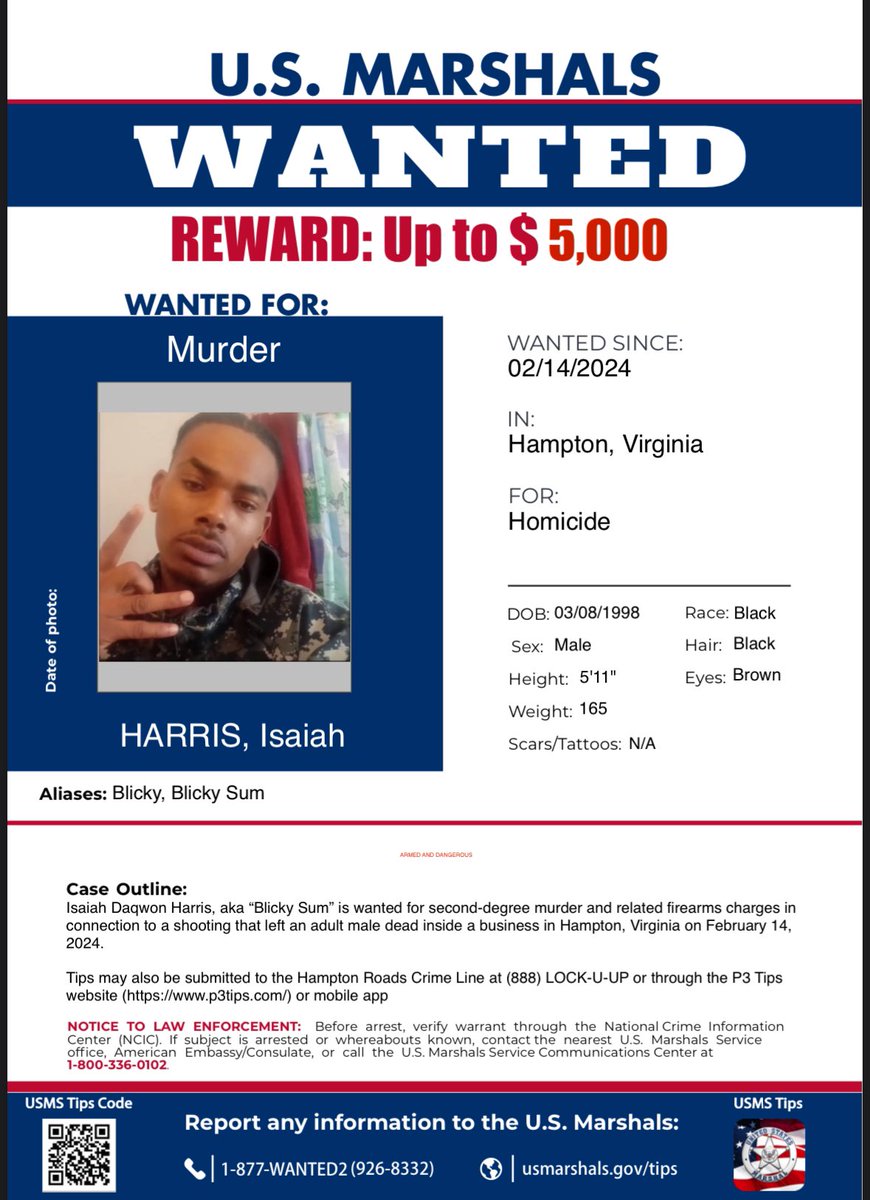 Wanted by the U.S. Marshals in Hampton, VA. #USMarshalswanted