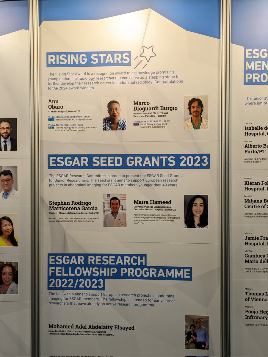 Final day of #ESGAR2024 and even outside the auditorium contributions from <a href="/BSGAR_UK/">BSGAR</a> members can be 👀

Fantastic to see <a href="/kg_foley/">Kieran Foley</a> <a href="/JamesMFranklin/">Jamie Franklin</a> @MairaHameed_ along with the aforementioned 
<a href="/anu_obaro/">Anu Obaro</a>
being recognised by <a href="/EsgarSociety/">ESGAR</a> for their roles in mentoring and research!