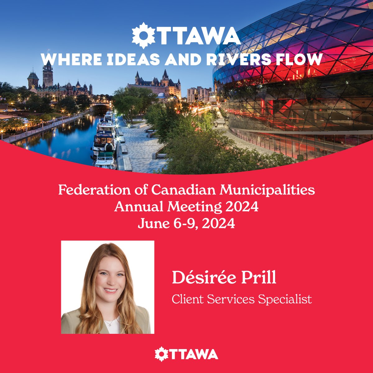 From June 6-9, Desiree (Client Services Specialist), will be attending the <a href="/FCM_online/">Federation of Canadian Municipalities</a> Annual Meeting and Trade Show 2024 in Calgary. 🤝 😄  

#MyOttawa #MeetOttawa