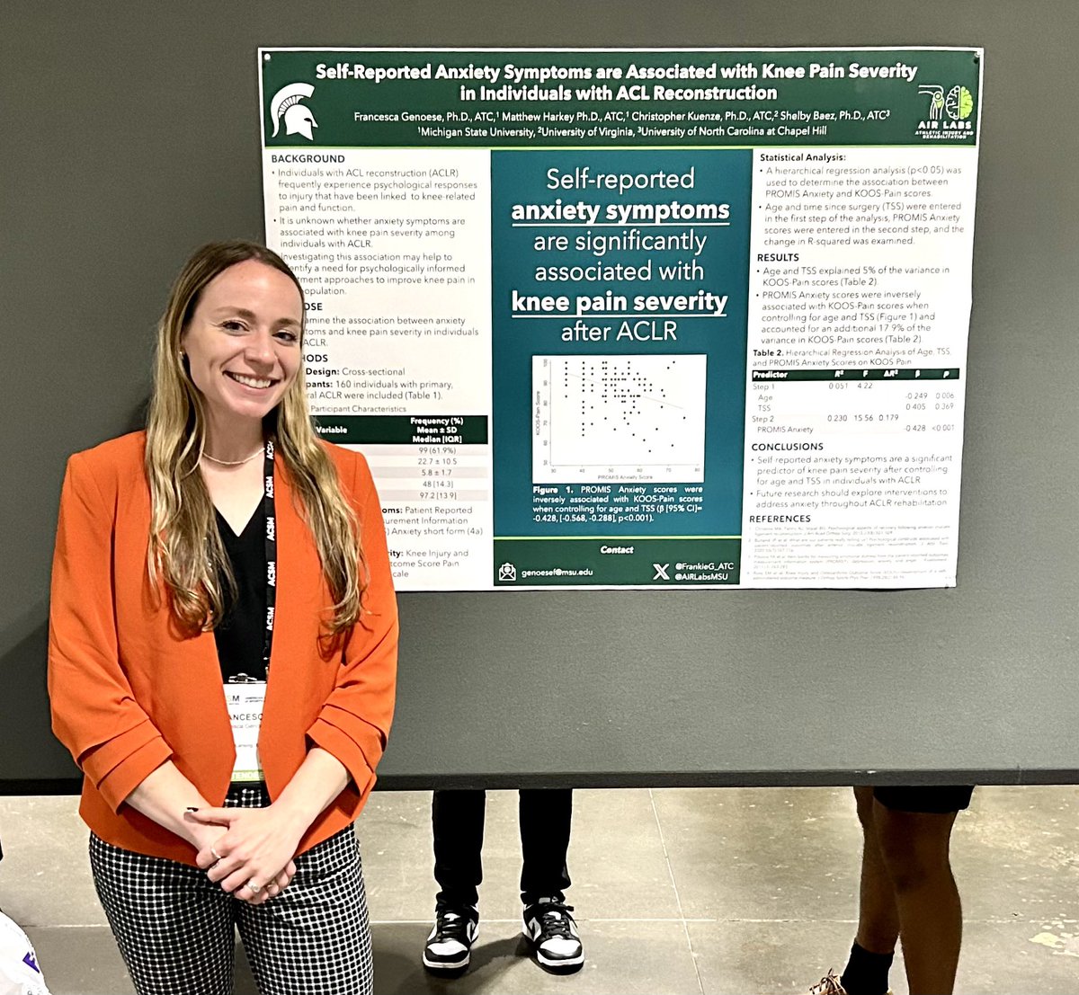 Safe to say that <a href="/AIRLabsMSU/">AIR Labs MSU</a> had a great time at the <a href="/ACSMNews/">American College of Sports Medicine</a> annual conference in Boston this week! Also enjoyed getting to share some of my work exploring anxiety symptoms and knee pain post-ACLR! 

Next up ➡️ #NATA2024