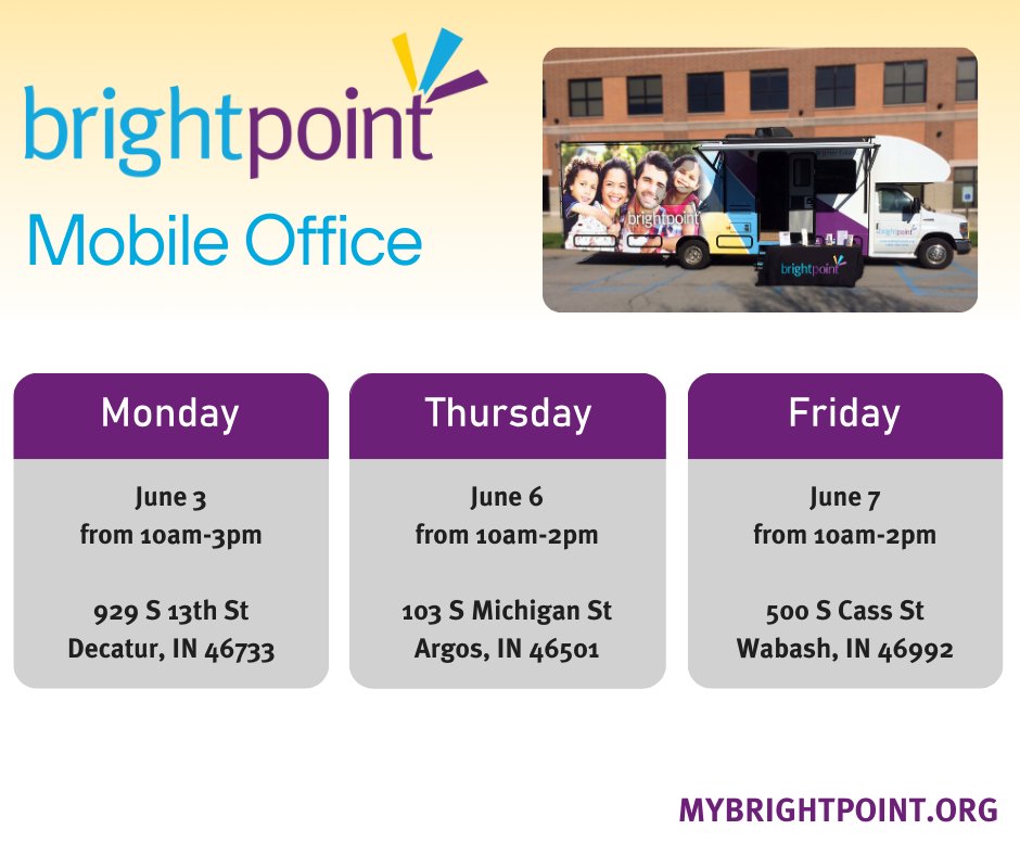Our mobile office will be in Decatur, Argos, and Wabash this week. Visit us to learn about programs offered in your community!