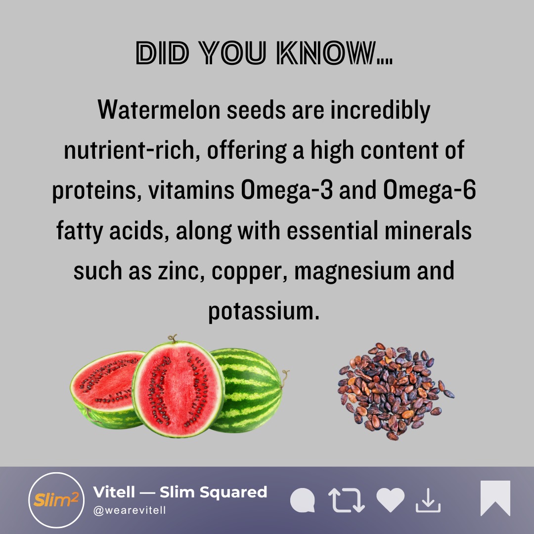 'Watermelon seeds are incredibly nutrient-rich, offering a high content of proteins, vitamins Omega-3 and Omega-6 fatty acids, along with essential minerals such as zinc, copper, magnesium and potassium.'

#WatermelonSeeds #NutrientRich #HealthySeeds #Superfoods #Omega3 #Omega6