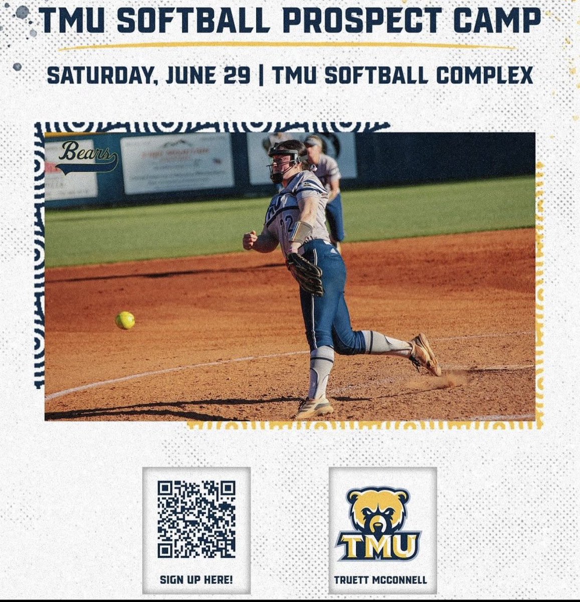 Camp Season! TMU softball will be having prospect camp on June 29th. All uncommitted high school ages and juco players are welcome. Sign up with link in bio #GoBears