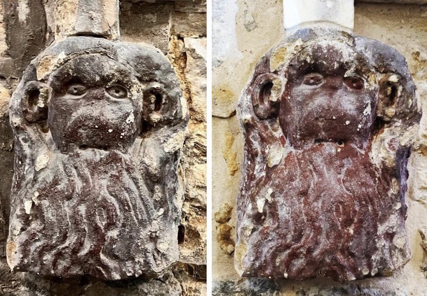 StoriesIn42034's tweet photo. A Corbel stone is structural element that sticks out of a wall to support a weight, often in churches. Often made of stone, they can be elaborately carved. Two medieval ones —newly restored—at Geddington Church support the #reredos. One is perhaps a 13th monkey, 👇 before &amp; after https://t.co/UpD4jyBd0y