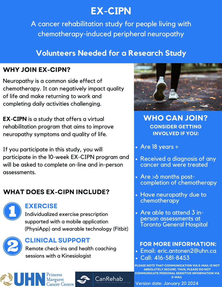 PMCancerRehab (@pmcancerrehab) on Twitter photo We're looking for volunteers to participate in this research study for people living with chemotherapy-induced peripheral neuropathy.
For more information email eric.antonen2@uhn.ca or call 416-581-8453 We're looking for volunteers to participate in this research study for people living with chemotherapy-induced peripheral neuropathy.
For more information email eric.antonen2@uhn.ca or call 416-581-8453