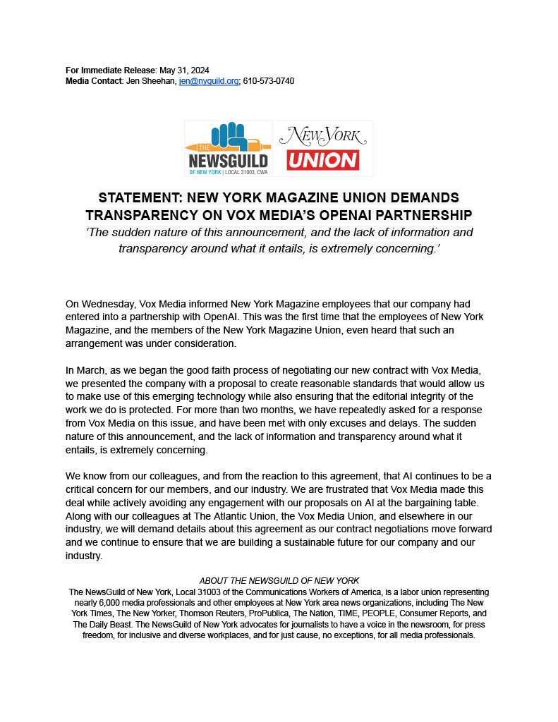 NYMagUnion's tweet photo. A statement from the New York Magazine Union on the partnership between Vox Media and OpenAI. https://t.co/qZUGH1Mtb0