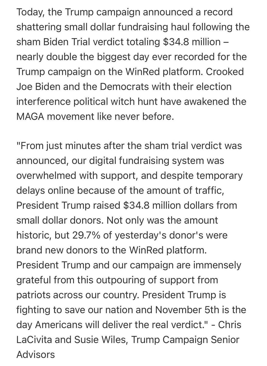 The Trump campaign raked in $34.8 million yesterday after Trump's guilty verdict was announced: