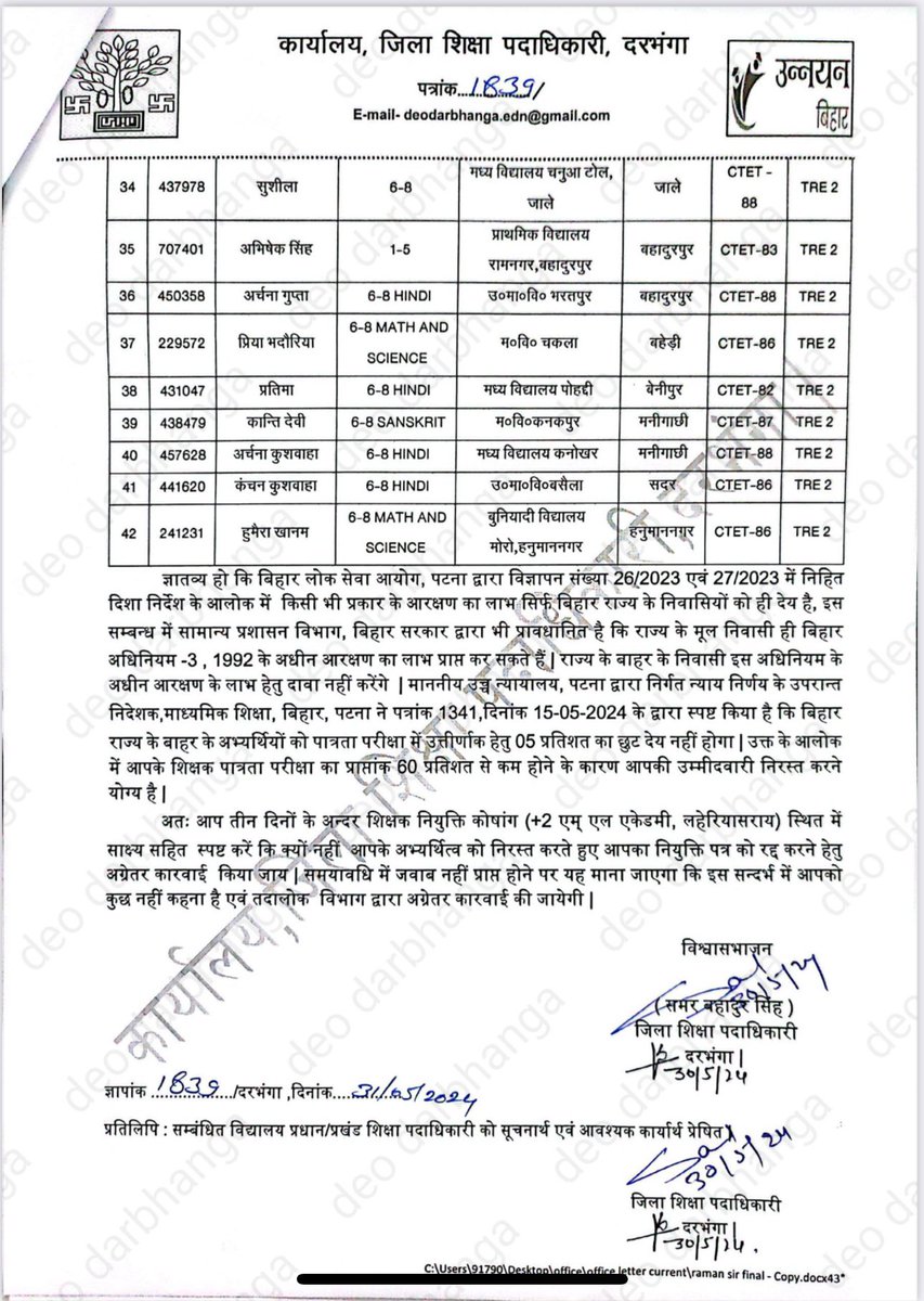 केवल दरभंगा में बिहार से बाहर के 42 विद्यालय अध्यापकों से TET में 60 % कम पाया गया! तो सोचिए पूरे बिहार में कितने बाहरी आरक्षण का लाभ लेकर बहाल हो गए होंगे? बिहारियों का हक किसने मारा??