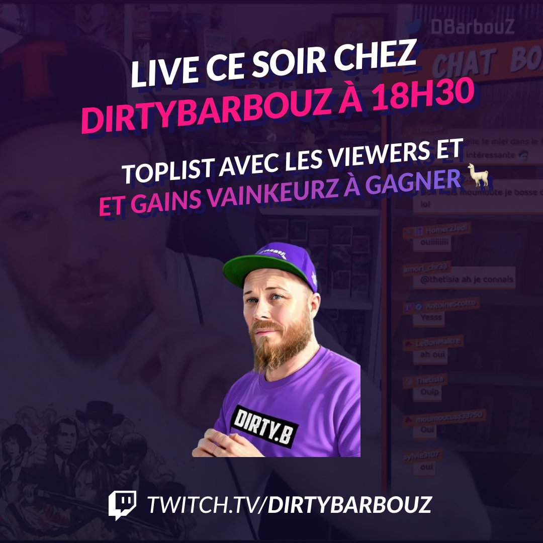 Rendez-vous dès maintenant chez @DBarbouz pour participer à une TopList 💪🏻

Lien de sa chaîne Twitch ici 🟣: twitch.tv/dirtybarbouz 

On vous attend là-bas ! 🤪
#TopList #TwitchStream #Giveaways #VAINKEURZ