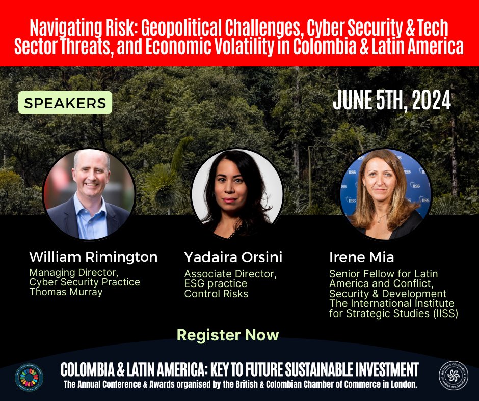 🚨 Panel Two at #BCCCAnnualConferenceAwards: Navigating Risk in Colombia &amp; Latin America. Geopolitical tensions, cyber security threats, and economic volatility will be analysed by experts from Control Risks, Thomas Murray and the IISS.

Register Now: conta.cc/3y22wj2