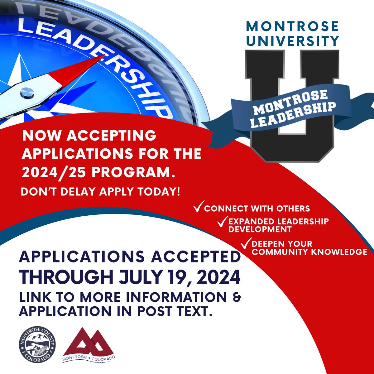 We are accepting applications for the 2025 Class of Montrose U! The program includes a specially designed leadership component and includes opportunities to learn more about our community. For more info and to apply: CityofMontrose.org/Leadership.