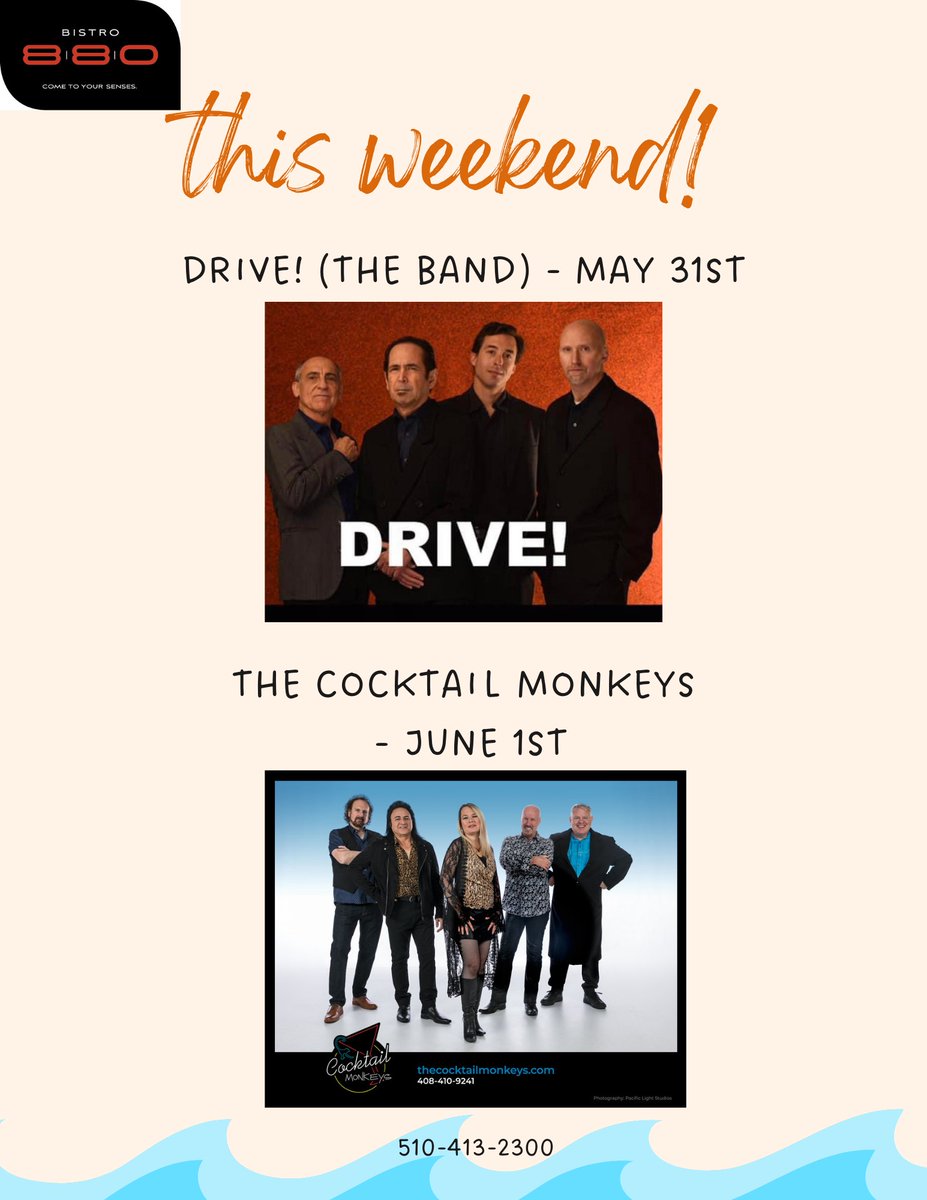 Playing at our Bistro 880 Bar this weekend:

Drive! (the band)
5/31/24 from 9 PM – 1 AM

The Cocktail Monkeys play here for the first time!
6/1/24 from 9 PM – 1 AM

#bistro880 #bayarea #localentertainment #friday #fridaynight #saturday #saturdaynight #theweekend #dancing #bands