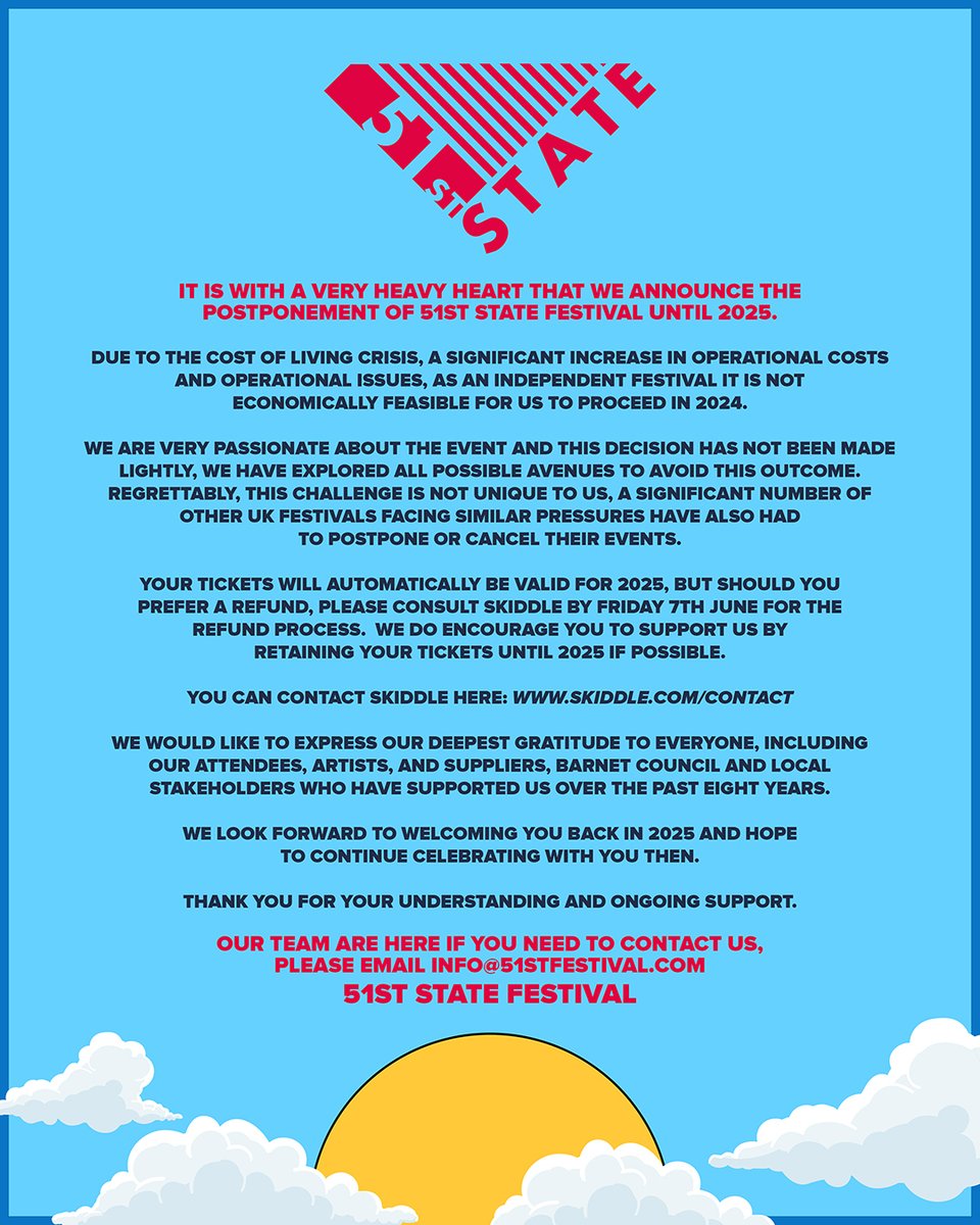 It is with a very heavy heart that we announce the postponement of 51st State Festival until 2025 💔

Please read...
51stfestival.com