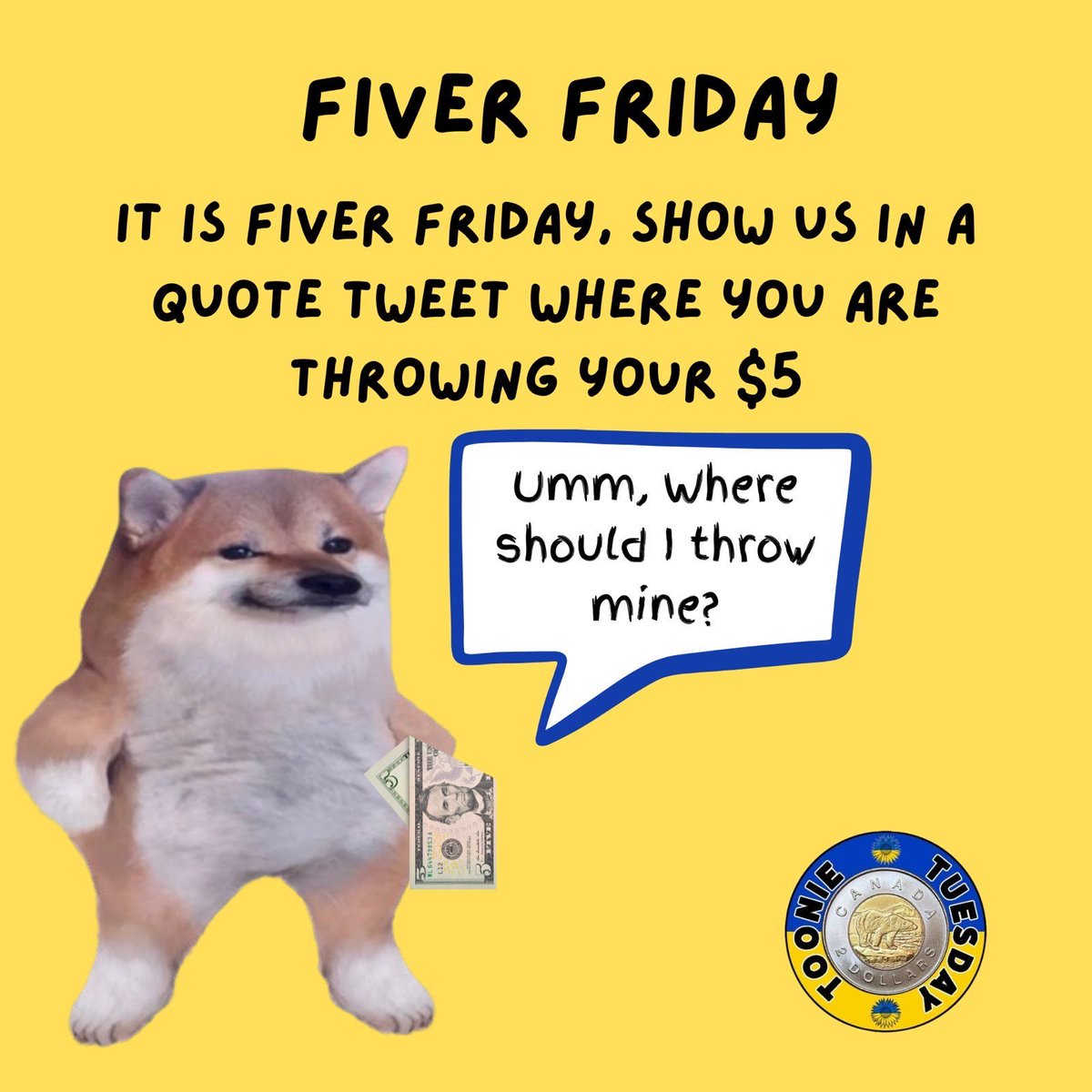 You spoke! We listened! The Toonie Tuesday Crew is starting new way to fundraise for Ukraine 🇺🇦 by encouraging YOU 🫵🏻 to lead the way by bringing YOUR fundraiser for promotion… It’s Officially Fiver Friday!!! It’s simple… 1) Donate $5 £5 €5 💸 to your favorite Ukrainian