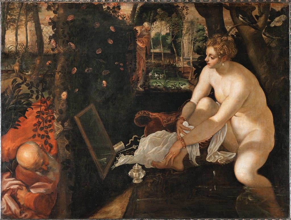 Susanna and the Elders, 1555. She looks at herself in the mirror. Elders, at ends of the rose hedge, look at reflections in the water. Marvelous composition (and just a beautiful painting) by Tintoretto.