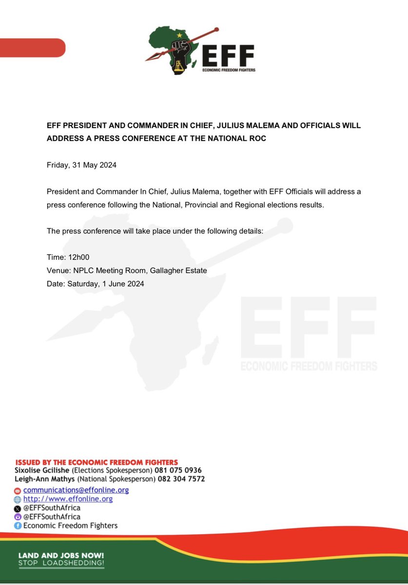 EFF President And Commander In Chief, @Julius_S_Malema And Officials Will Address A Press Conference At The National ROC