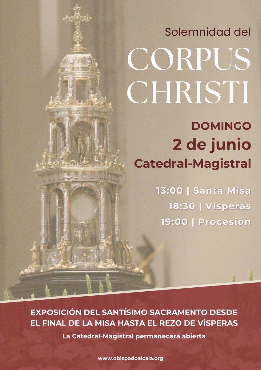 Este domingo, tendrá lugar la celebración del Corpus Christi, adoración pública de la Sagrada Forma🙏

También procesionarán nuestros Patronos Santos Justo y Pastor, y San Félix de Alcalá.

Hermandades de la ciudad, honrarán al Santísimo con altares ubicados en distintos puntos.