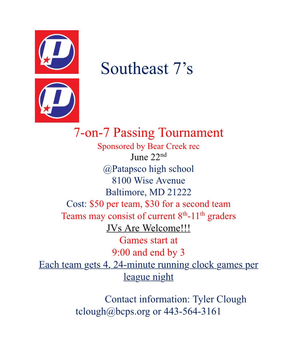 Come out and compete on June 22nd at the southeast 7v7 at Patapsco high school sponsored by Bear Creek rec. Already have 5 teams committed.