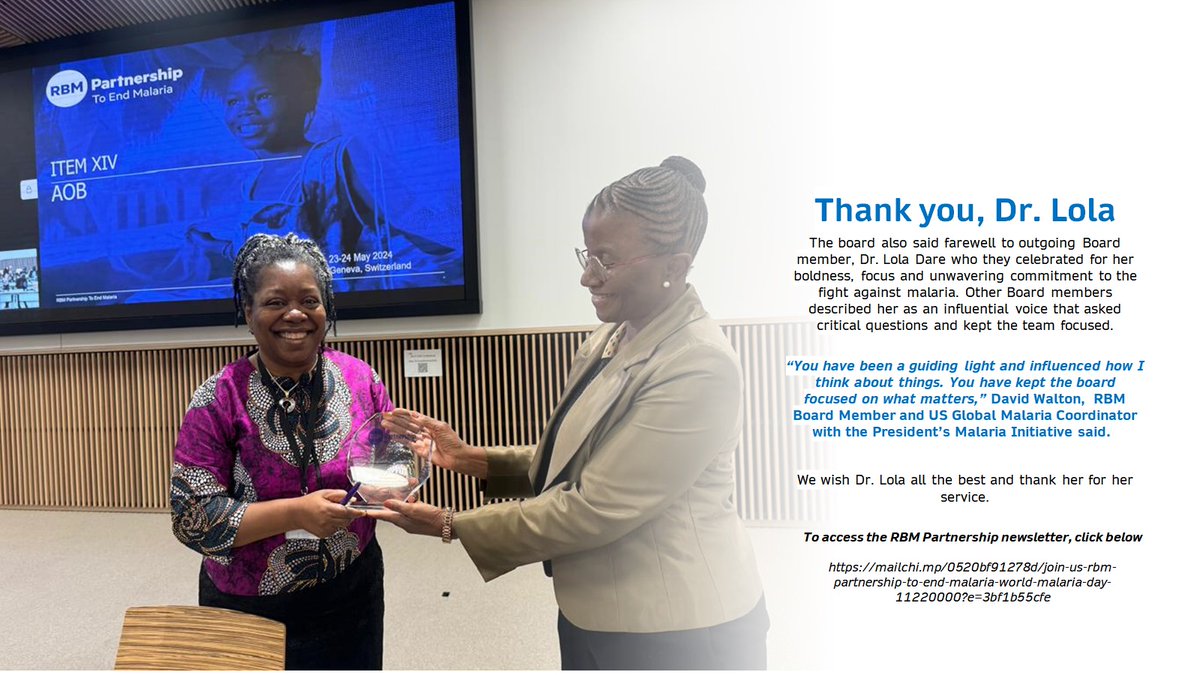Boluwatife O Lola-Dare (BOL-D) (@dare_lola) on Twitter photo A great honor to serve with other distinguished experts on the <a href="/endmalaria/">RBM Partnership</a>. The journey to #ChangeTheNarrativeNow continues! Click below
mailchi.mp/0520bf91278d/j… <a href="/Amref_Worldwide/">Amref Health Africa</a> <a href="/arhrghana/">Alliance for Reproductive Health Rights</a> <a href="/PMIgov/">U.S. President's Malaria Initiative (PMI)</a> <a href="/gavi/">Gavi, the Vaccine Alliance</a> <a href="/GlobalFund/">The Global Fund</a> <a href="/lisago_van/">lisa van nostrand</a> <a href="/VillageReach/">VillageReach</a> <a href="/PATHtweets/">PATH</a> <a href="/JoyPhumaphi_/">Joy Phumaphi</a> <a href="/ALMA_2030/">African Leaders Malaria Alliance (ALMA)</a> A great honor to serve with other distinguished experts on the <a href="/endmalaria/">RBM Partnership</a>. The journey to #ChangeTheNarrativeNow continues! Click below
mailchi.mp/0520bf91278d/j… <a href="/Amref_Worldwide/">Amref Health Africa</a> <a href="/arhrghana/">Alliance for Reproductive Health Rights</a> <a href="/PMIgov/">U.S. President's Malaria Initiative (PMI)</a> <a href="/gavi/">Gavi, the Vaccine Alliance</a> <a href="/GlobalFund/">The Global Fund</a> <a href="/lisago_van/">lisa van nostrand</a> <a href="/VillageReach/">VillageReach</a> <a href="/PATHtweets/">PATH</a> <a href="/JoyPhumaphi_/">Joy Phumaphi</a> <a href="/ALMA_2030/">African Leaders Malaria Alliance (ALMA)</a>